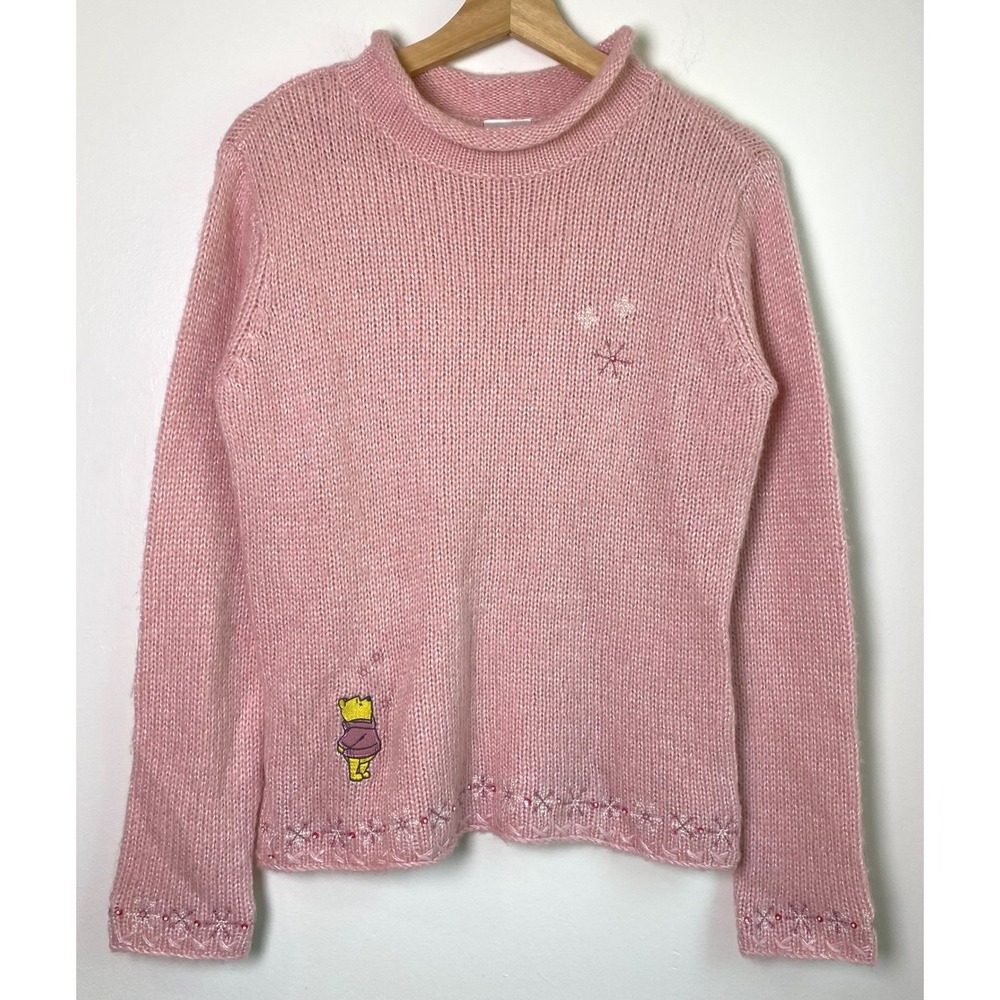 Disney Store Winnie the Pooh Sweater Womens Small Pink Wool Blend Beaded Y2K